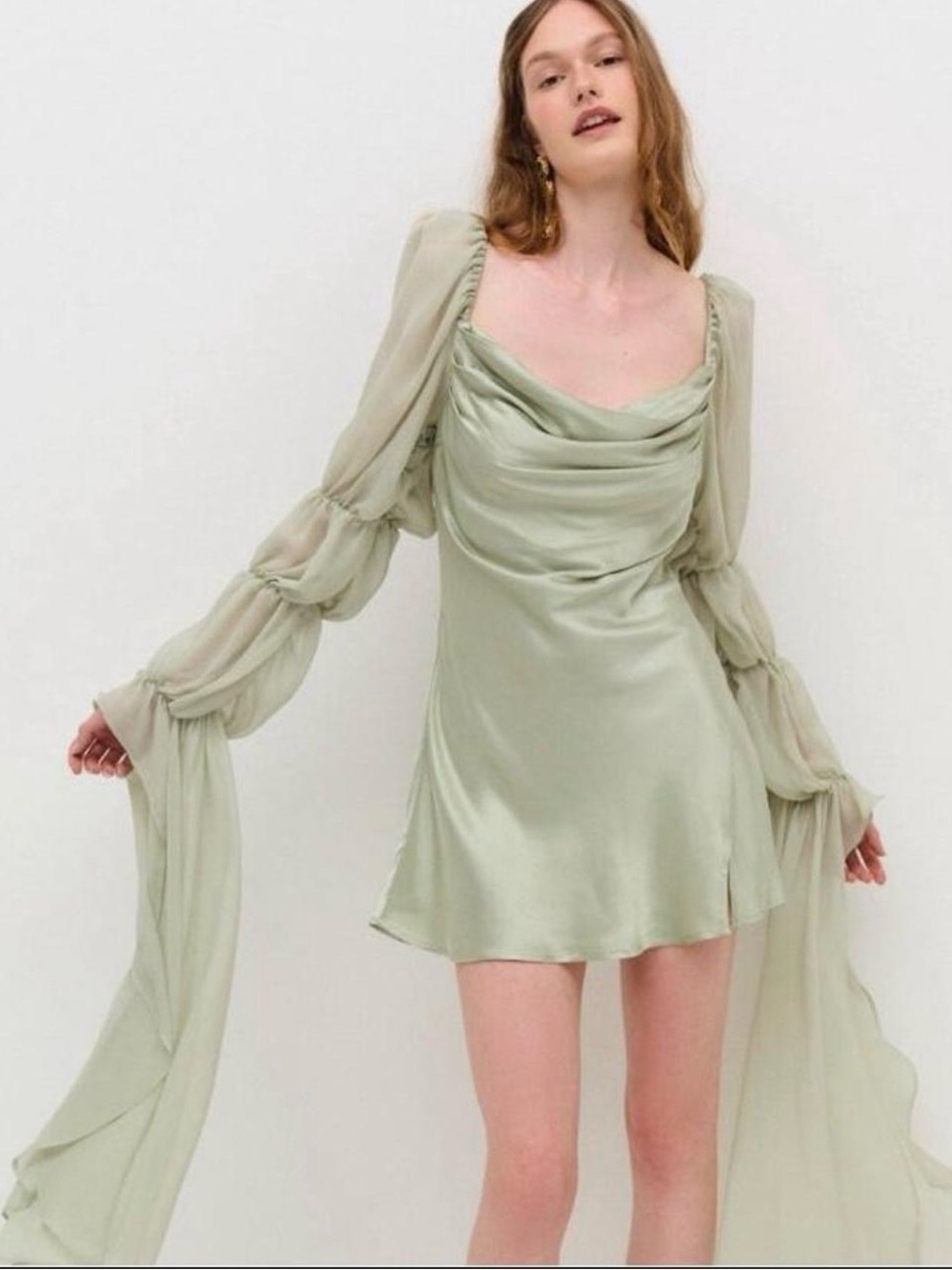 EUC Satin Cowl Neck Mini Dress in Sage | For Love and Lemons | fairy, romance